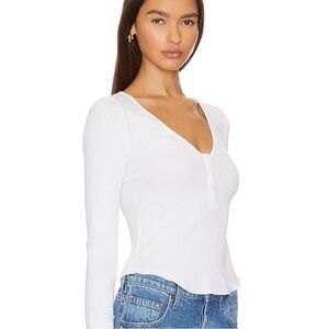Free People White Ribbed V-Neck Henley Long Sleeve Top